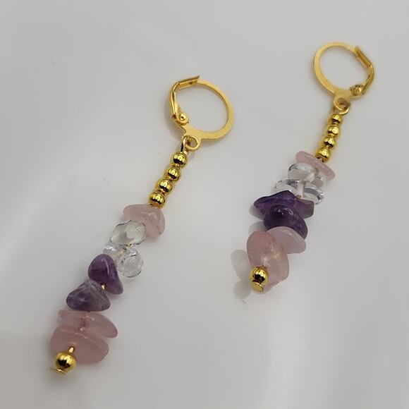 Boho Quartz Crystal Dangle Amethyst Rose Earrings - Picture 4 of 4